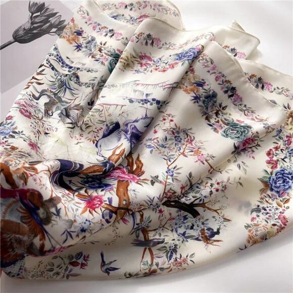 2/$30 NEW Cream Bird Floral Flower Printed Silky Fashion Scarf - Picture 4 of 14